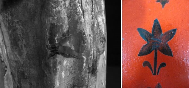Infrared Reflectography showing an image of the flower pattern on Christ’s robe (left) and the painted out version on sample board.