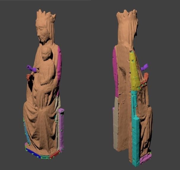 Coloured rendered model made from CT data depicting the construction elements of the statue – main trunk with wooden additions and nails indicated in green.