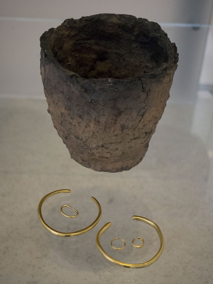 The gold bracelets and rings found in a pottery vessel near Duff House, Banffshire