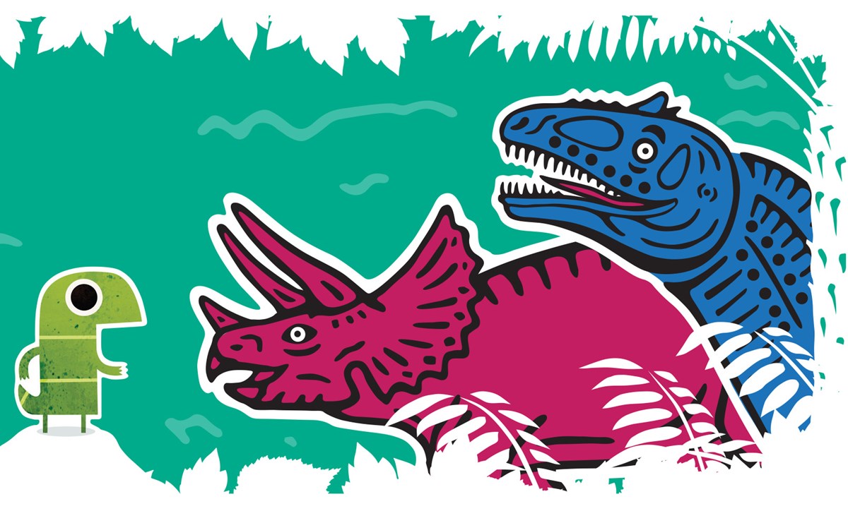 Stylised illustration of colourful dinosaurs.