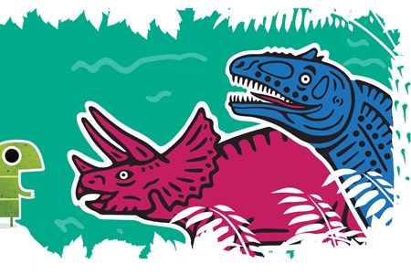 Stylised illustration of colourful dinosaurs.
