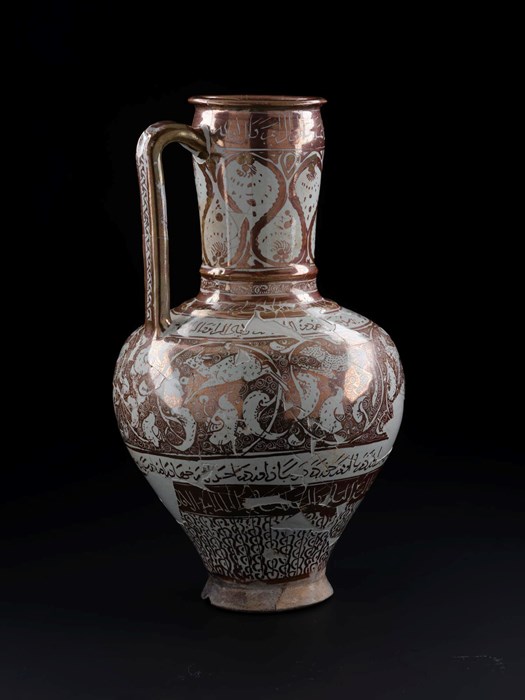monochrome lustre ewer with patterns, animal and vegetal motifs