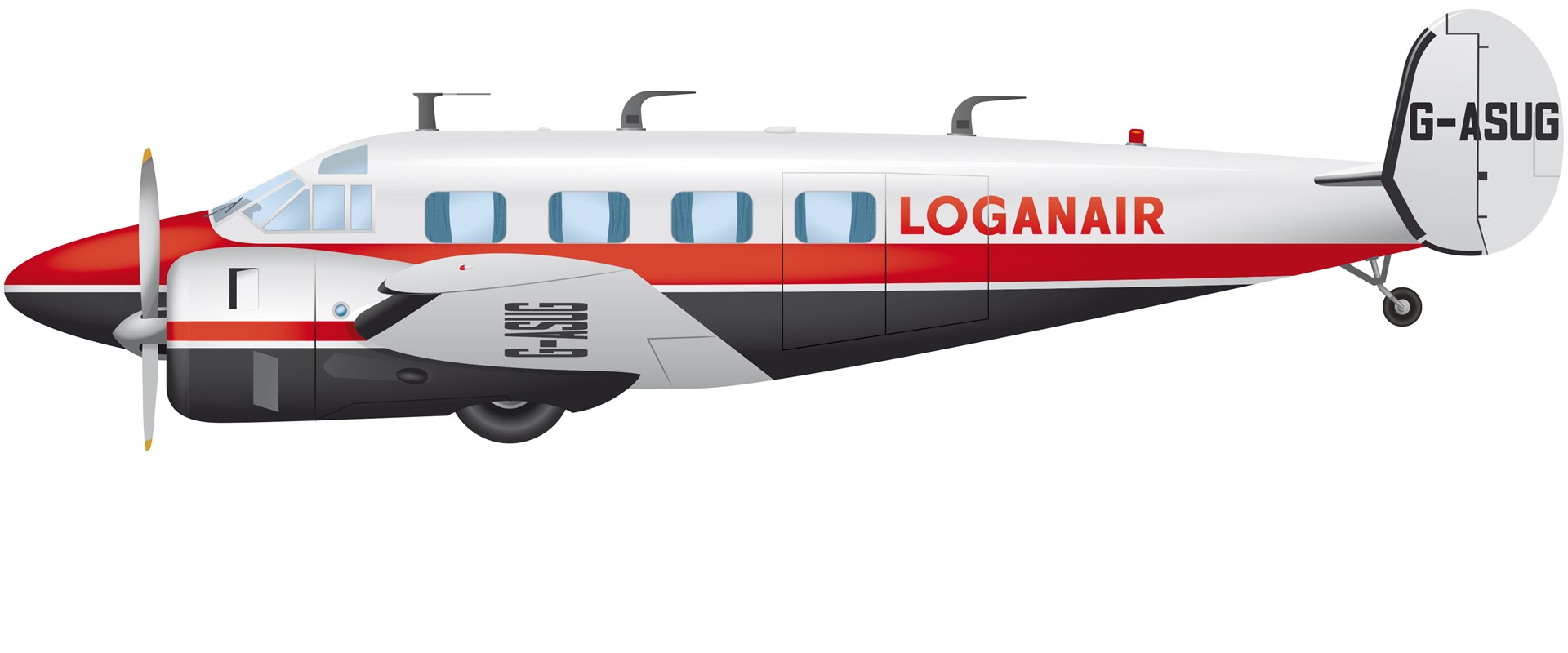 Beech E-18S aircraft with black and red stripes. The side of the plane reads "Loganair". 