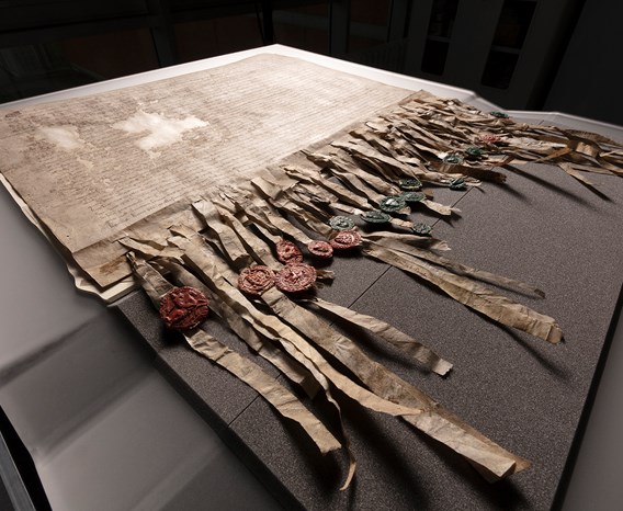 The Declaration of Arbroath laid out on a grey foam protective base set against a black background. The Declaration has dense Latin script across it with two small patches missing, and many strips dangling from the bottom affixed with green and red wax seals.