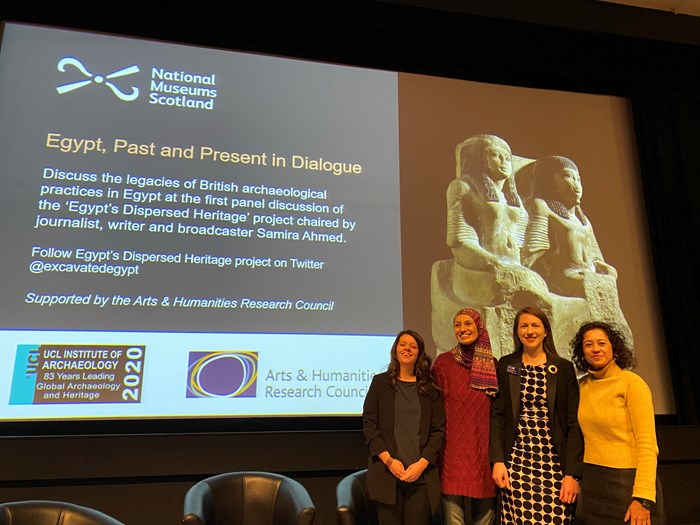 Event speakers in front of a screen with an intro slide, from left to right: Alice Stevenson, Heba Abd el Gawad, Margaret Maitland, and Samira Ahmed.
