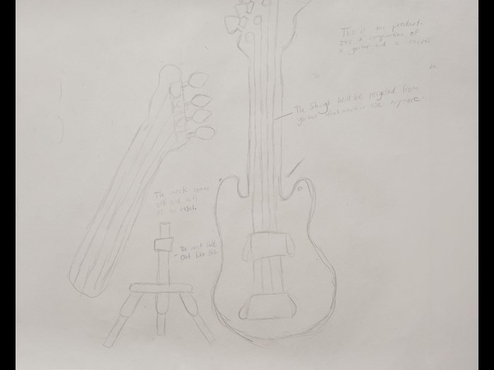 Multi-functional design of an easel that transforms into a guitar.