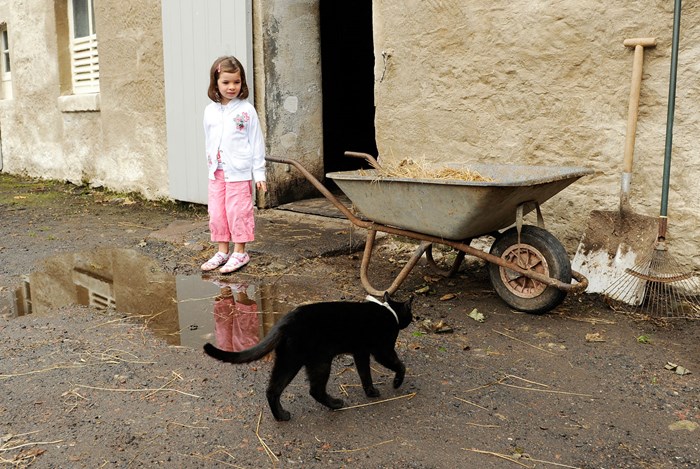 A cat walking by a young child outside a farmhouse.