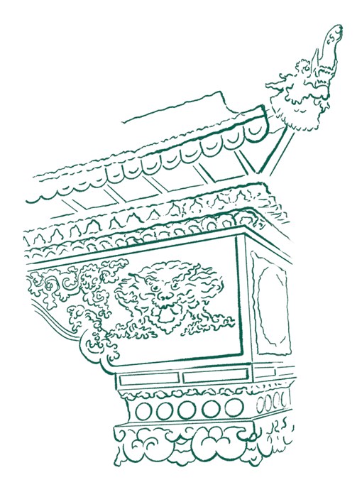 Line drawing of part of a Buddhist prayer wheel