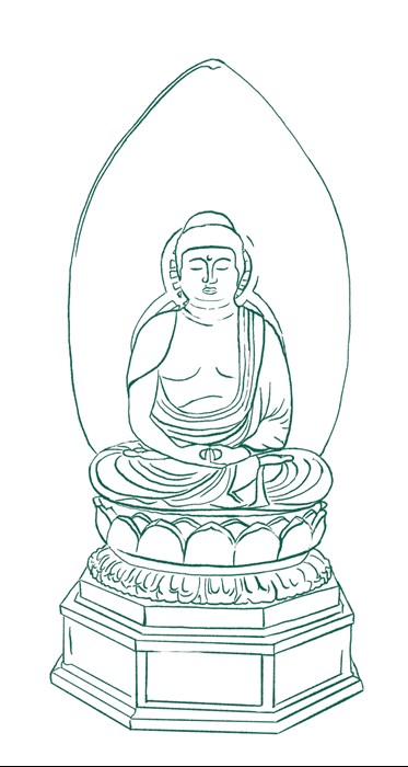 Line drawing of a Japanese statue of the Buddha Amida.