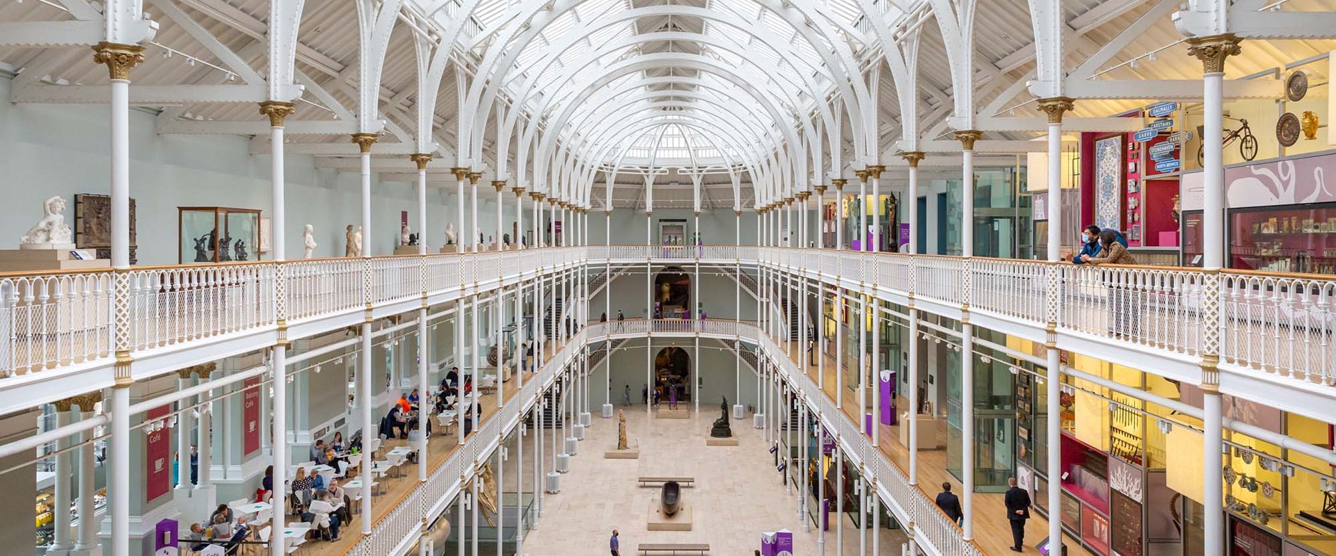 The grand gallery- a large, three-floor atrium space with balconies and galleries running around the perimeter.