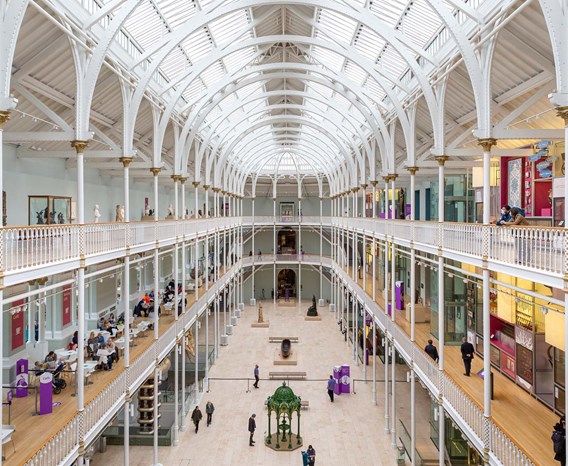 The grand gallery- a large, three-floor atrium space with balconies and galleries running around the perimeter.
