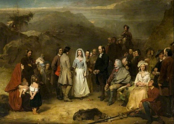 Painting showing a marriage of a young man and woman, the latter in a light blue dress in an open, hilly landscape. There is a sombre atmosphere.