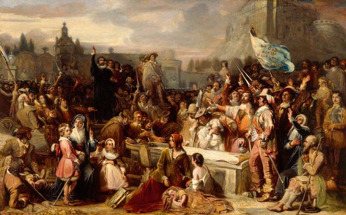 Painting of the National Covenant in Greyfriar's Kirkyard. Many people crowd around a grave being used as a table, some with drawn swords.
