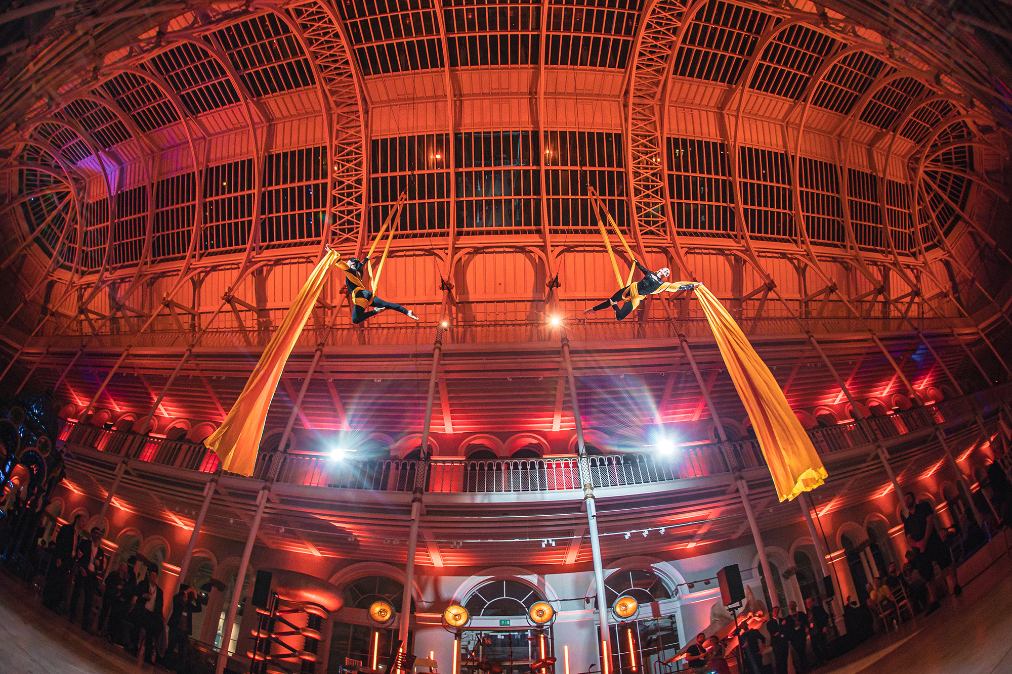 Aerialists perform in the National Museum of Scotland's Grand Gallery.