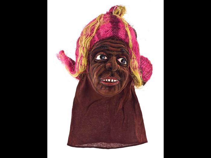 Ugly Man face mask with hair of dyed sisal, face of painted mesh and fabric neckband, part of a fancy dress masquerade costume: Ghana, Elmina, by Donatus Archibald Acquandoh (alias Hippies), 2000 - 2001 