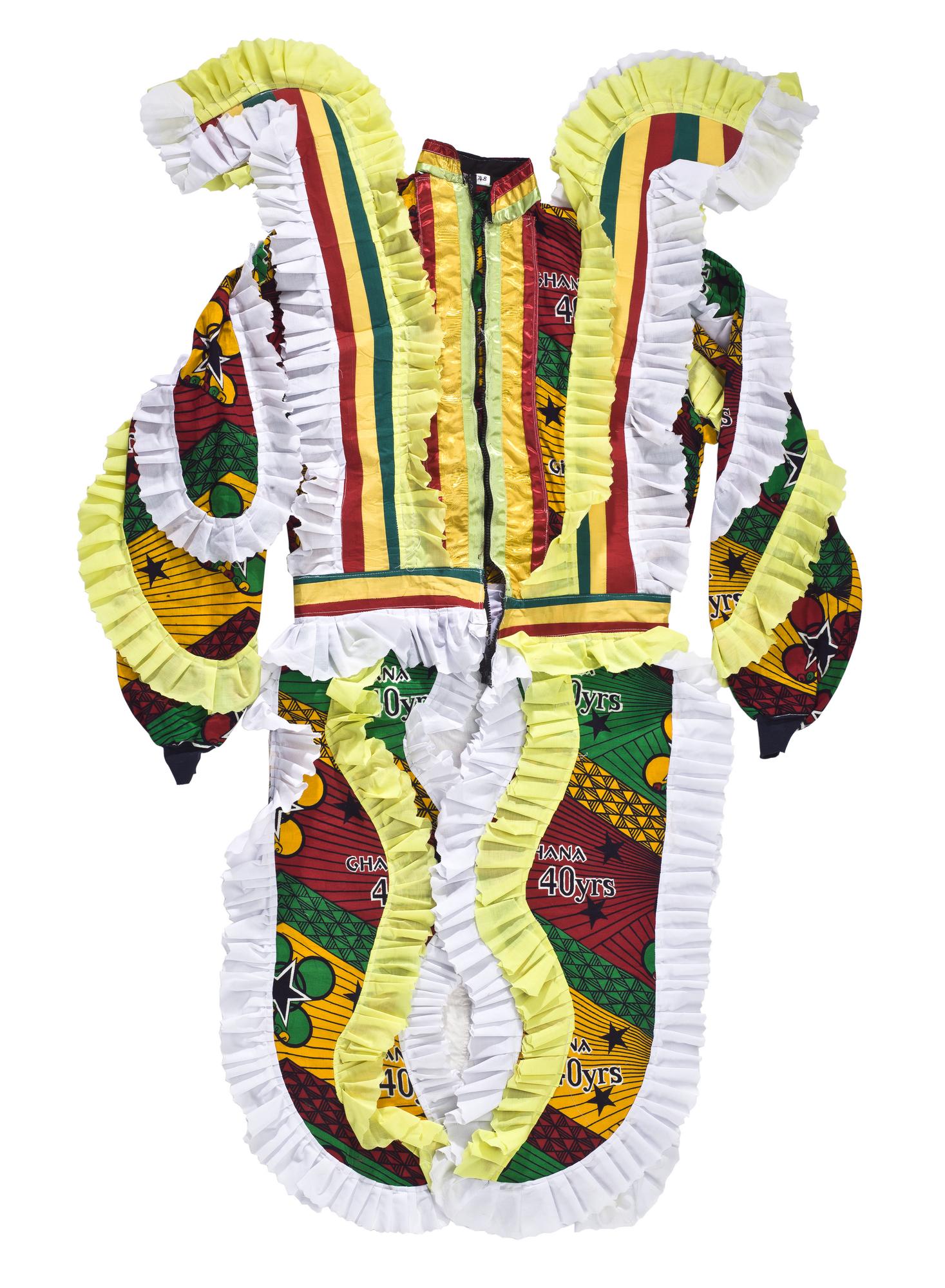 Tailored jacket with zip fastening, in red, green, yellow, black and white fabric with shoulder decoration and four tail features, extending from the waistband, part of an Ugly Man fancy dress masquerade costume, purchased from a tailor in Winneba by D.A. Acquandoh (Hippies): Africa, West Africa, Ghana, Elmina, collected in 2000 - 2001 
