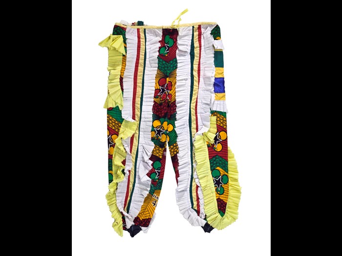 Drawstring trousers to be worn with an Ugly Man fancy dress masquerade costume, made of printed fabric designed to commemorate 40 years of Ghana's independence, purchased from a tailor in Winneba by D.A. Acquandoh (Hippies): Africa, West Africa, Ghana, Elmina, collected in 2000 - 2001 