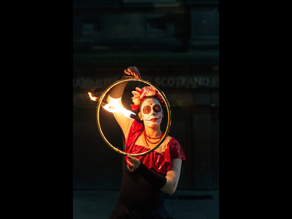 A flame thrower at an event in the National Museum of Scotland.
