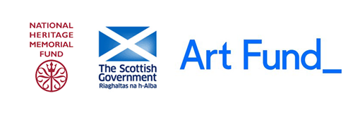 Logos for the National Heritage Memorial Fund, The Scottish Government and Art Fund.