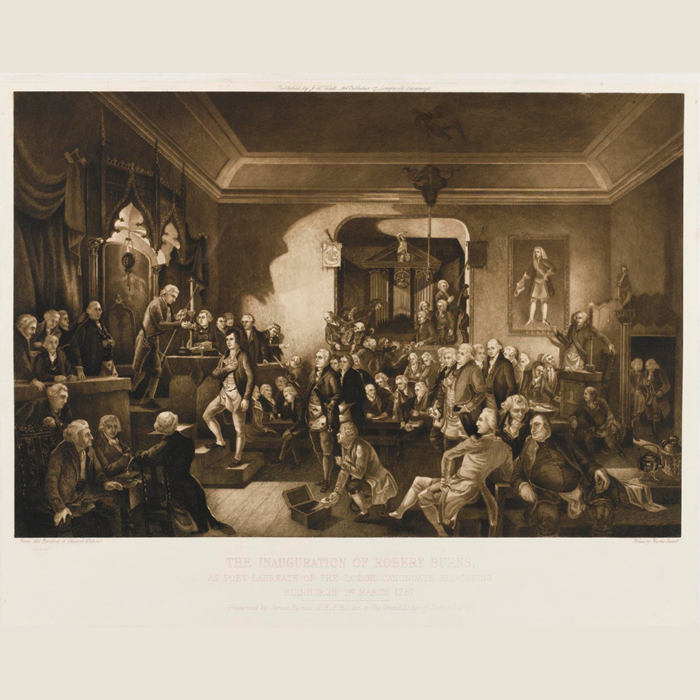 Illustration of a crowded gathering in a fancy room with portraits. Robert Burns stands in front of a raised bench receiving an award.