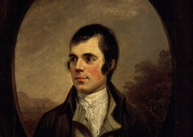 Portrait of a young Robert Burns in profile framed in a rural outdoor scene.