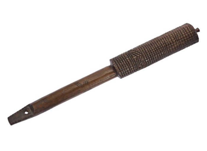 Wooden beater resembling a mace with a ridged end to imprint patterns