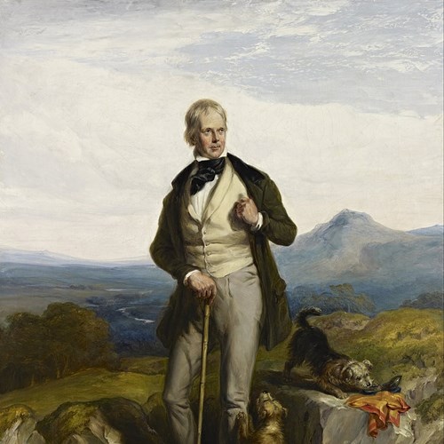 A painted portrait of Sir Walter Scott standing on a hill next to two terriers with hills in the distance.