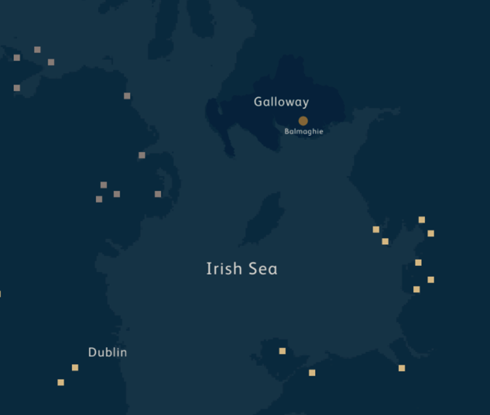 Blue-tinted map of lands around the Irish Sea. Yellow squares mark over a dozen Viking-age hoard finds in coastal areas