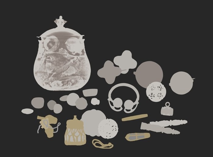 Illustration showing the vessel and its contents in grey and gold silhouettes. The vessel stand upright on the left side, with brooches, arm-rings, coins and others in the middle and right.