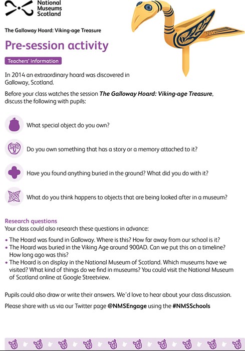 An image showing the layout of the Galloway Hoard pre-session activity pdf for schools