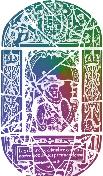 Multicoloured interpretation of a stain glass design of James VI.