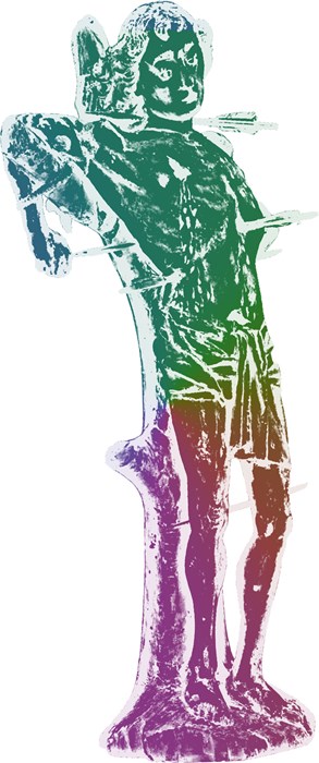 Multicoloured print of statue of St Sebastian