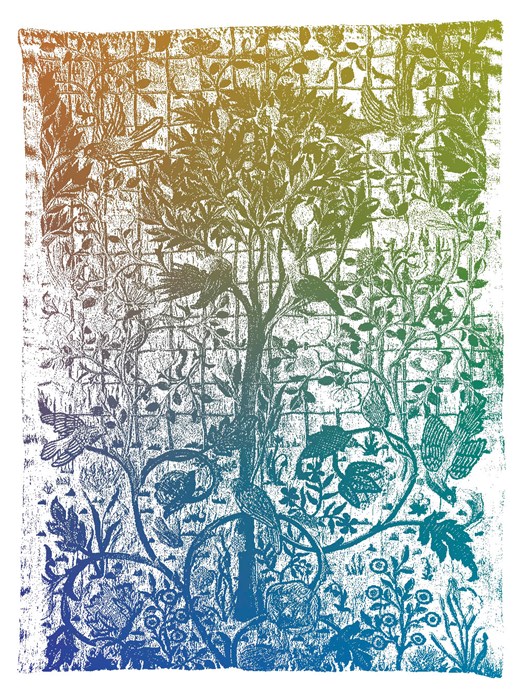A multicoloured print of an embroidery pattern with trees, plants, and birds.