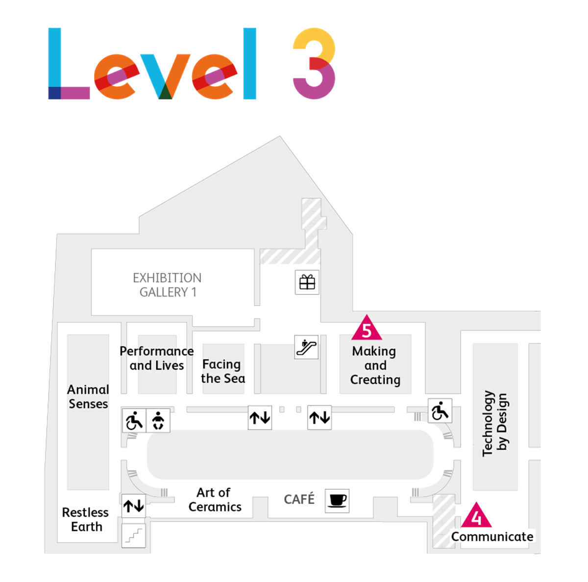 A map of level 3 of the museum showing different stops of the Hidden Histories trail. 