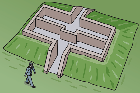 Illustration of an underground in a grassy field with the roof exposed