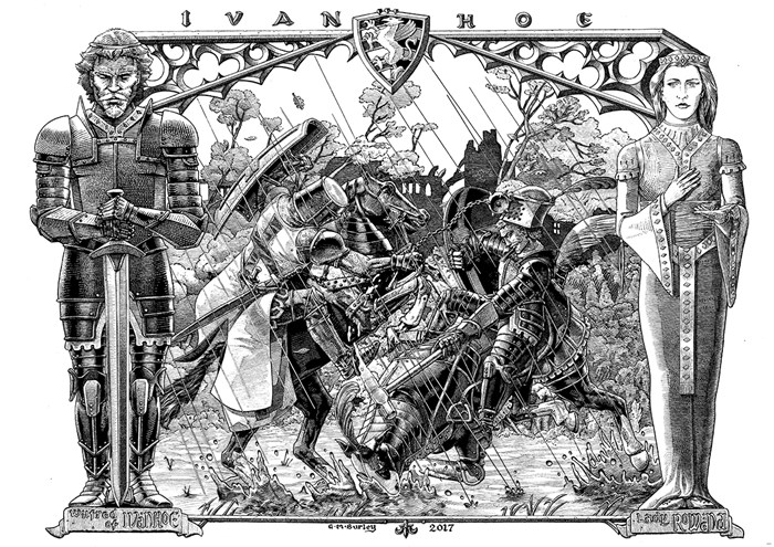 Illustration from Ivanhoe showing a serious looking male figure with a sword, a female figure standing pensively with one hand held aloft, with a battle taking place behind them