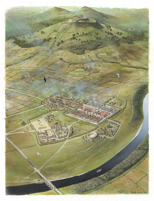 Aerial illustrated view of a reconstructed Roman fort at Trimontium. A large, walled fort with roads, fields and many buildings beside a river and hills.