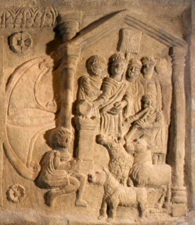 Relief sculpture on the distance slab showing a group of Roman people with farm animals flanked by pillars.
