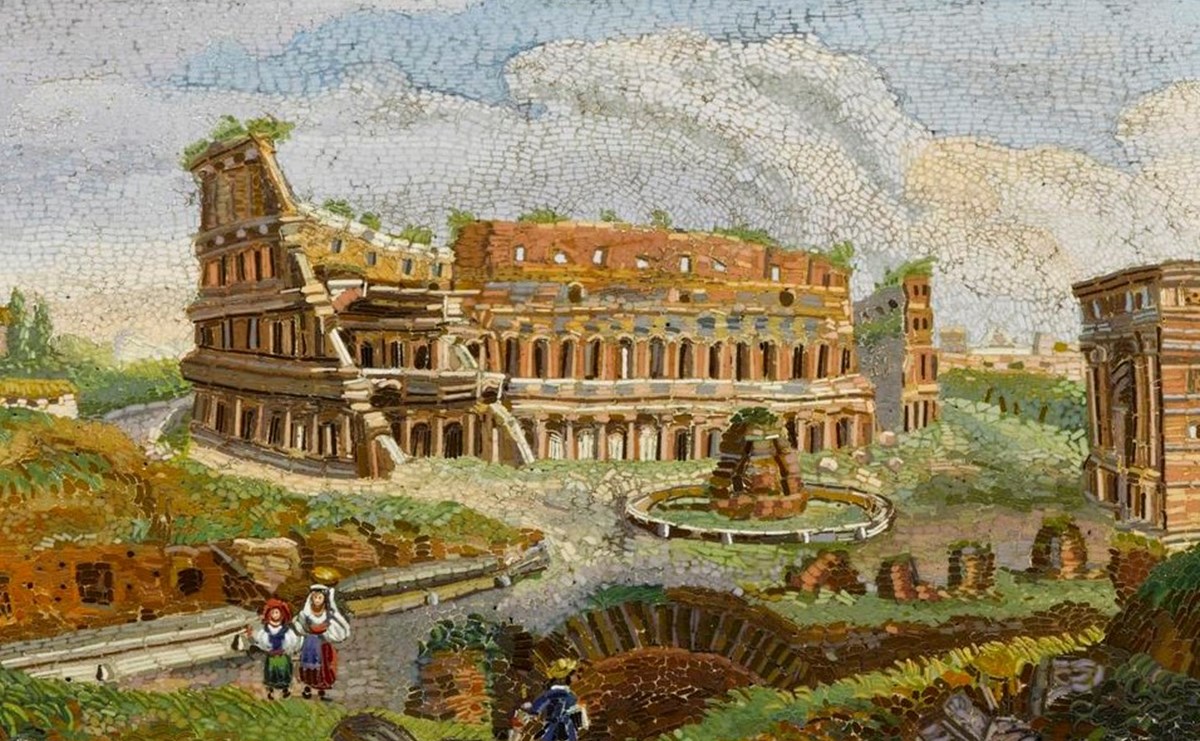 Scenic mosaic of the ruinous Colosseum, with several Early Modern people standing in the foreground under a blue sky.