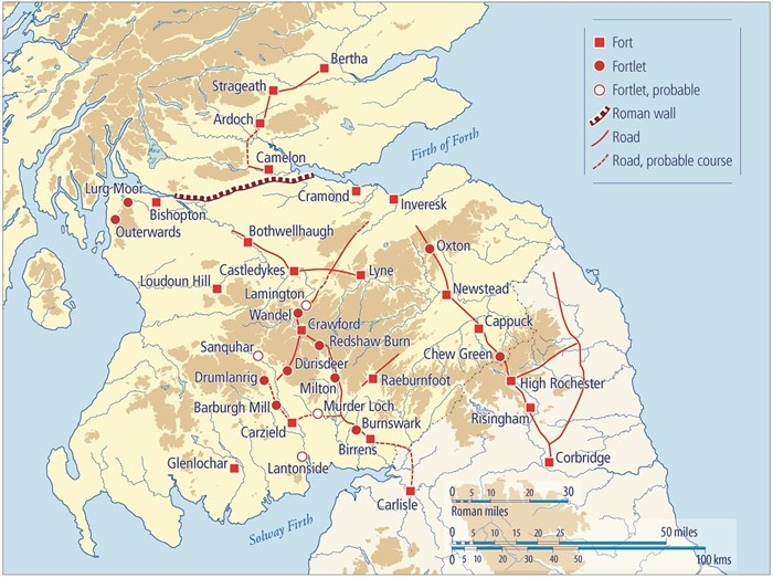 Map of northern England and southern and central Scotland. Roads, forts, and walls marked in red, concentrated in Forth-Clyde line and in the Borders