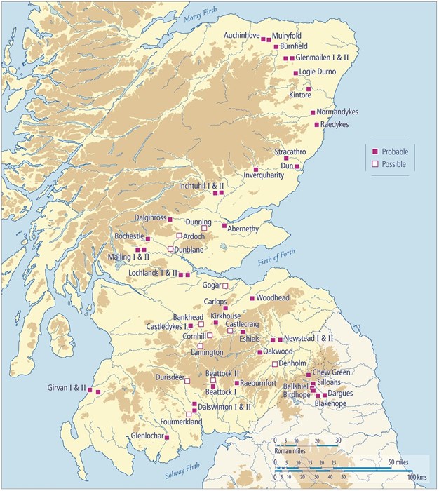 Map of Scotland with high regions marked brown. Purple and white squares dot southern and eastern Scotland showing Roman fort sites