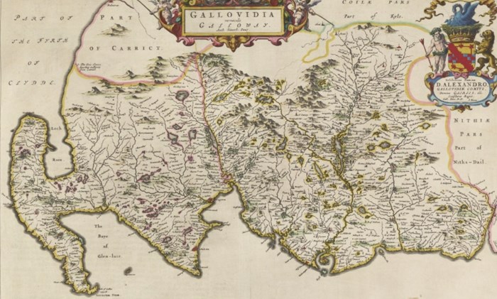 Yellow-white antiquarian map of Galloway with many rivers and settlements marked. Details end at the region's boundaries.