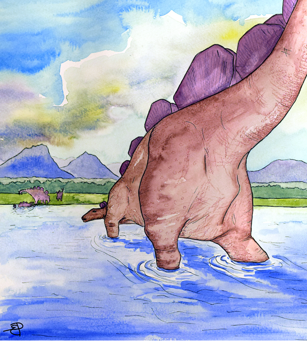 Watercolour illustration of a stegosaur wading in the sea with Eigg in the background.