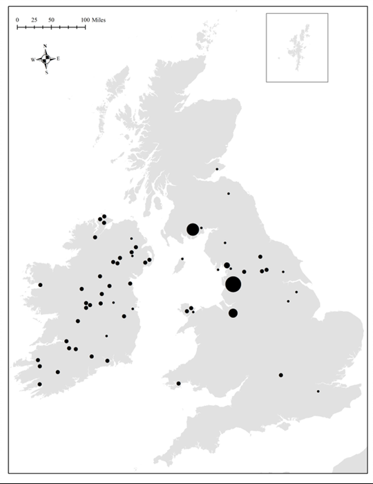 Map of Britain and Ireland. Water is white, land is grey. Black dots of varying sizes show Viking-Age hoard finds, with clusters in Galloway, near Manchester and throughout Ireland.