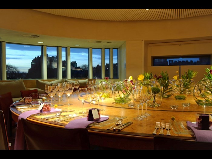The Board Room at the National Museum of Scotland with views of Edinburgh Castle.