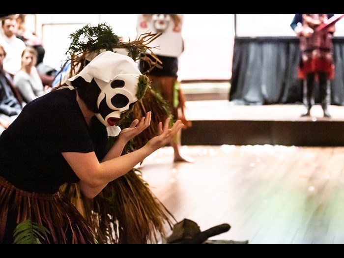 The Atlakim or ‘Dance of the Forest Spirits’ ceremony at St Cecilia’s Hall in Edinburgh, performed by members of the Kwakwaka’wakw community from the Northwest Coast of Canada. Image courtesy Talbot Rice Gallery, The University of Edinburgh. Photo: Sally Jubb.