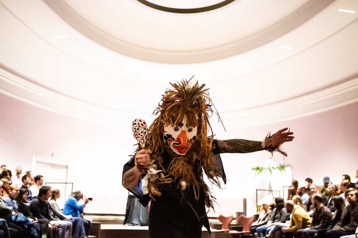 The Atlakim or ‘Dance of the Forest Spirits’ ceremony at St Cecilia’s Hall in Edinburgh, performed by members of the Kwakwaka’wakw community from the Northwest Coast of Canada. Image courtesy Talbot Rice Gallery, The University of Edinburgh. Photo: Sally Jubb.
