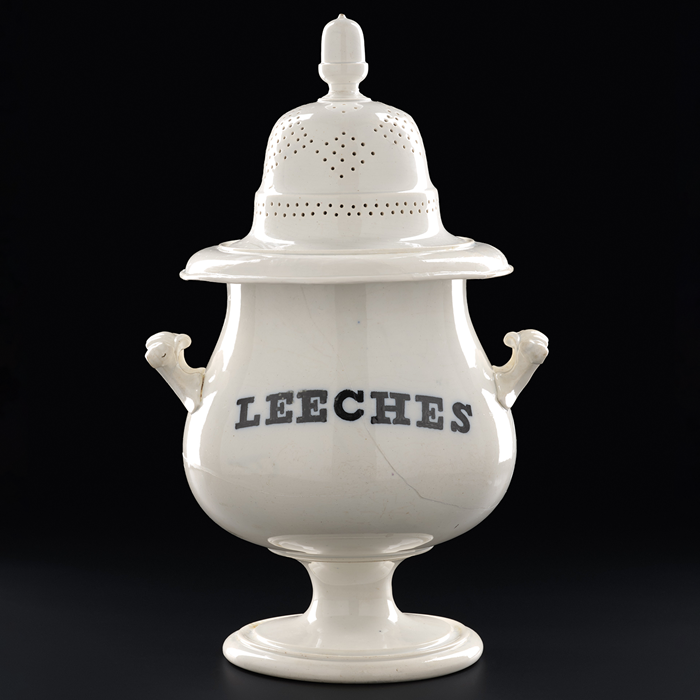 A white jar with the word "leeches" on it.