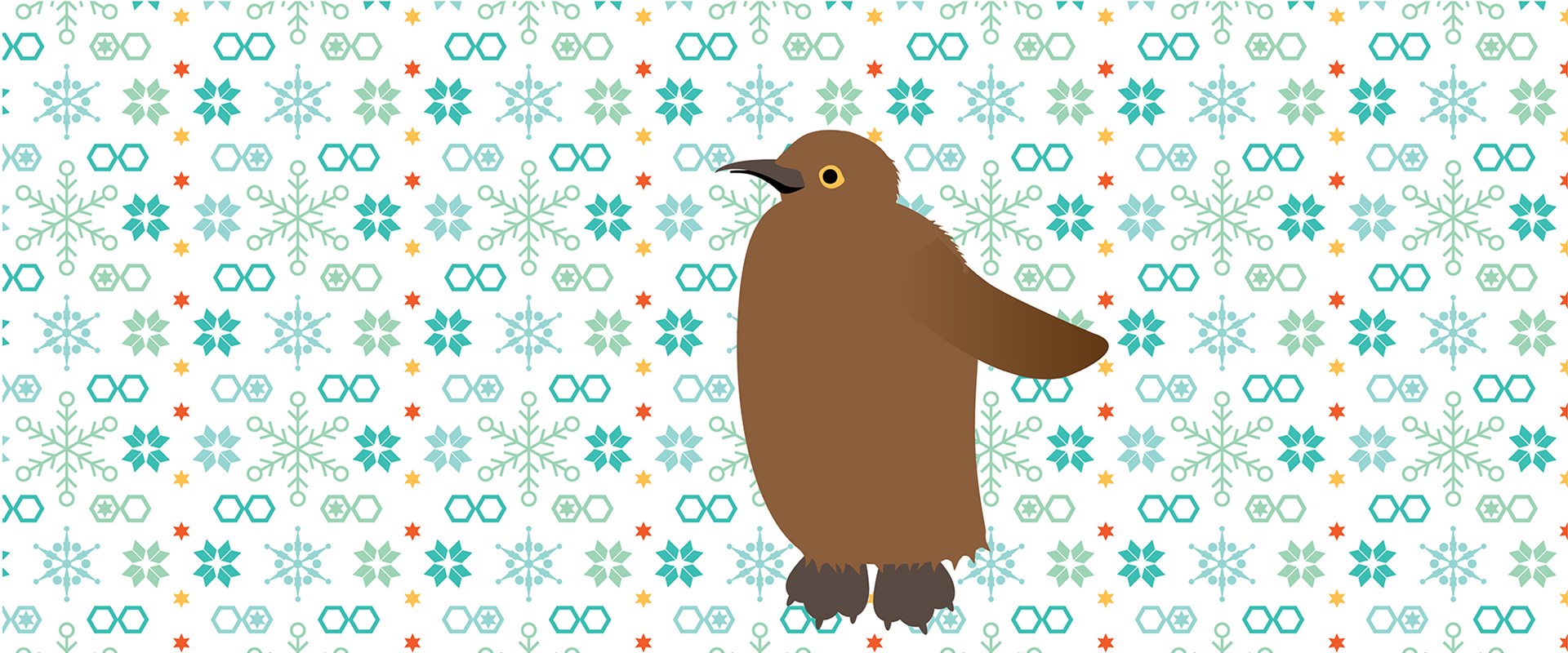 Illustration of a brown baby king penguin on a background full of snowflakes