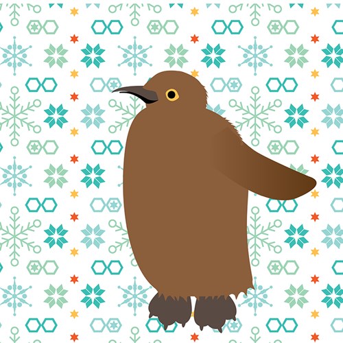 Illustration of a brown baby king penguin on a background full of snowflakes